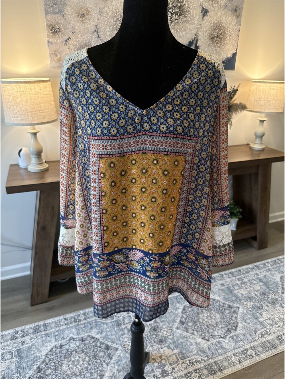 Fig and Flower Women’s Multicolor Boho Blouse Size Large Mixed Print Top Lace